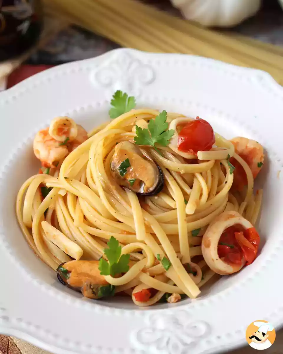9. Linguine med frosne skaldyr