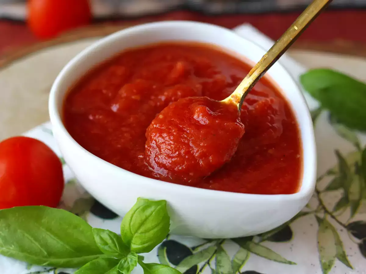 Opskrift En fyldig, rå tomatsauce, der er ideel som topping på en pizza eller en pinsa.