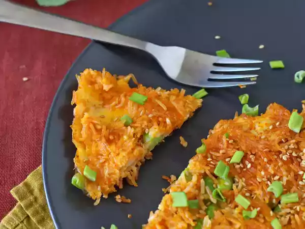 Opskrift Omelet med sprøde ris og sojabønner, et krydret måltid, der er hurtigt og affaldsfrit!