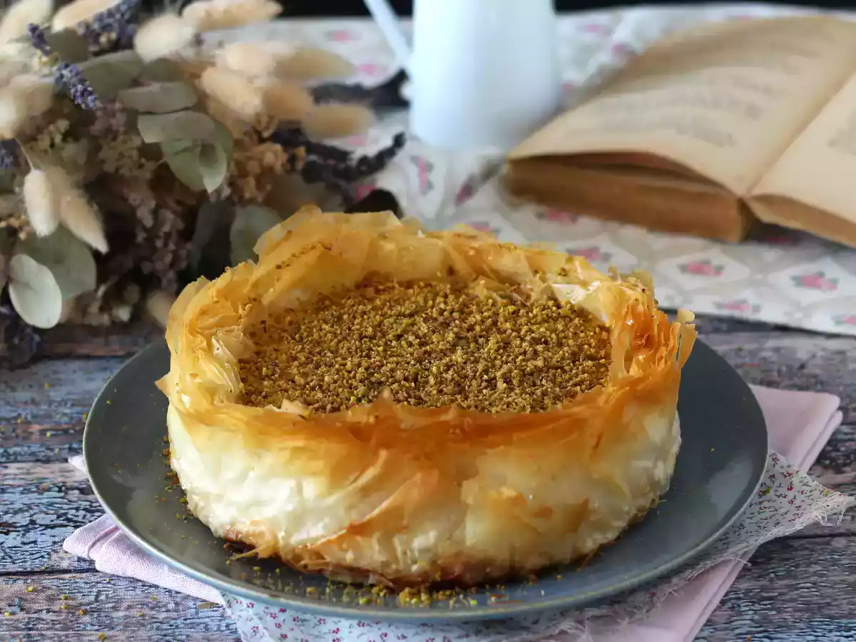 Baklava-agtig cheesecake med pistacie, sprød og smeltende