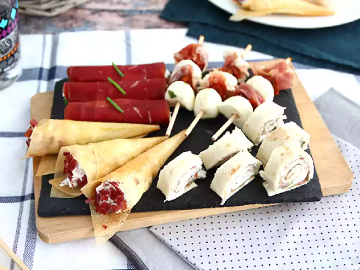 Kvartet af aperitiffer med tørret kød