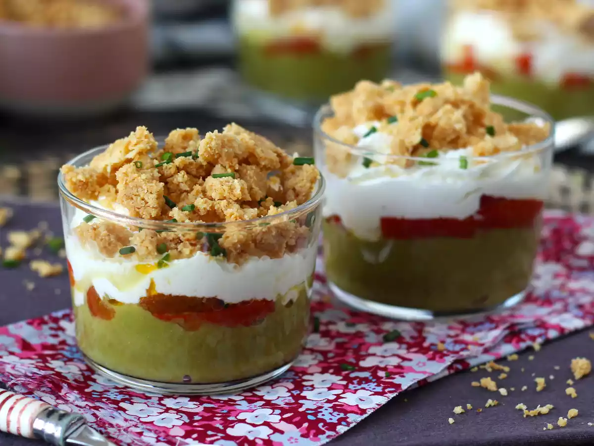 Vegetariske verrines: ærtesuppe, parmesancrumble og mascarponecreme